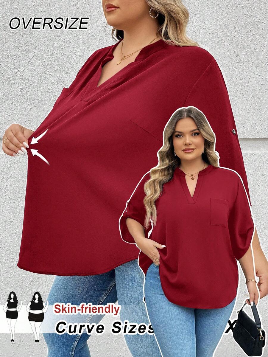 SHEIN CURVE+ 加大码卷舌袖黑色衬衫,优雅、度假、基本款 - 酒紅色 - 查看 1