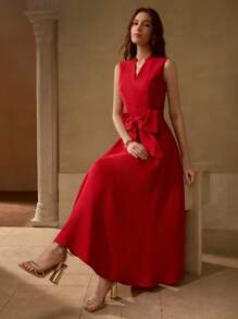 MOTF PREMIUM BOW DECOR STRUCTURED SLEEVELESS DRESS - Red - View 1