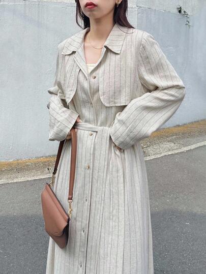 FRIFUL Women's Casual Striped Shirt Collar Waist Tie Loose Fit Dress, Versatile For Autumn