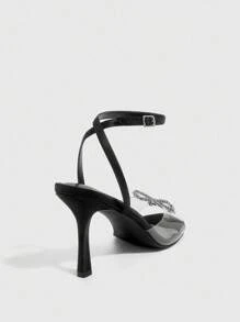 CUCCOO SZL 女士黑色缎面和TPU蝴蝶水钻装饰带踝带性感高跟凉鞋，时尚优雅，适合夏季 - 黑色 - 查看 11