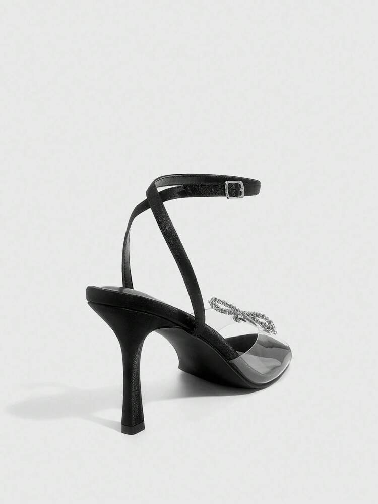 CUCCOO SZL Women's Black Satin & TPU Butterfly Rhinestone Decor Strap Ankle Strap Sexy High Heel Sandals, Fashionable & Elegant For Summer
