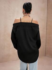 SHEIN Unity Women's Personalized Sexy Fashion Spaghetti Strap Cold Shoulder Minimalist Solid Color Blouse, Spring/Autumn - Black - View 2