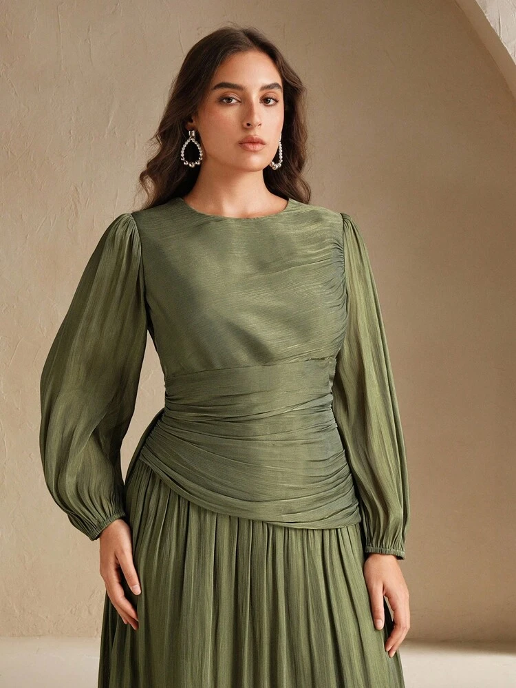 Robe longue brillante vert olive grande taille pour femmes, col rond, taille froncée, manches bouffantes, élégante et polyvalente