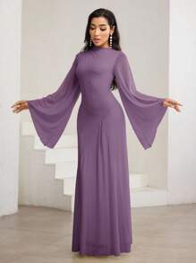 Veilorie Váy tay loe màu trơn thanh lịch dành cho nữ - Màu tím - Xem 4