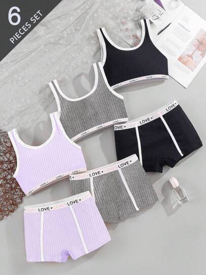 SHEIN 3pcs/Set Girls' Bras, Camisole Bras, Sports Bras & Panties Underwear Set, Solid Color Minimalist,Back To School Fall Winter