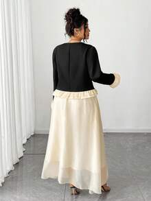 Elenzga Plus Size Women's Elegant French Style Black Patchwork Ruffle Flare Sleeve Button Blouse And Contrasting Color Mesh A-Line Maxi Skirt Two Pieces Set, Autumn/Winter Fall Cloth For Women