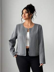 Elenzga Jaqueta de Frente Aberta com Bolsos em Mistura de Lã para Mulheres Plus Size, Estilosa e Elegante para Passeios e Deslocamentos