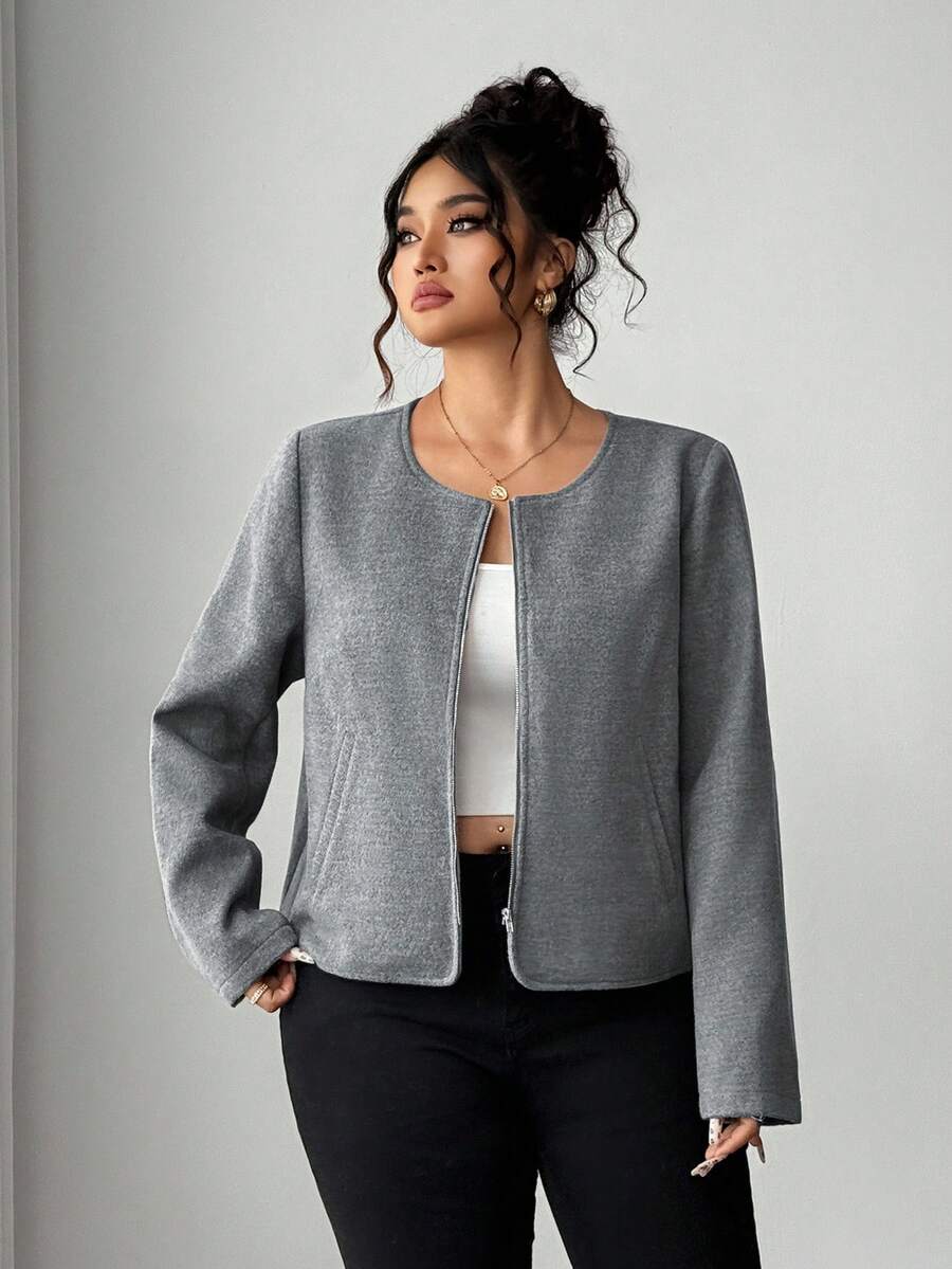 Elenzga Jaqueta de Frente Aberta com Bolsos em Mistura de Lã para Mulheres Plus Size, Estilosa e Elegante para Passeios e Deslocamentos