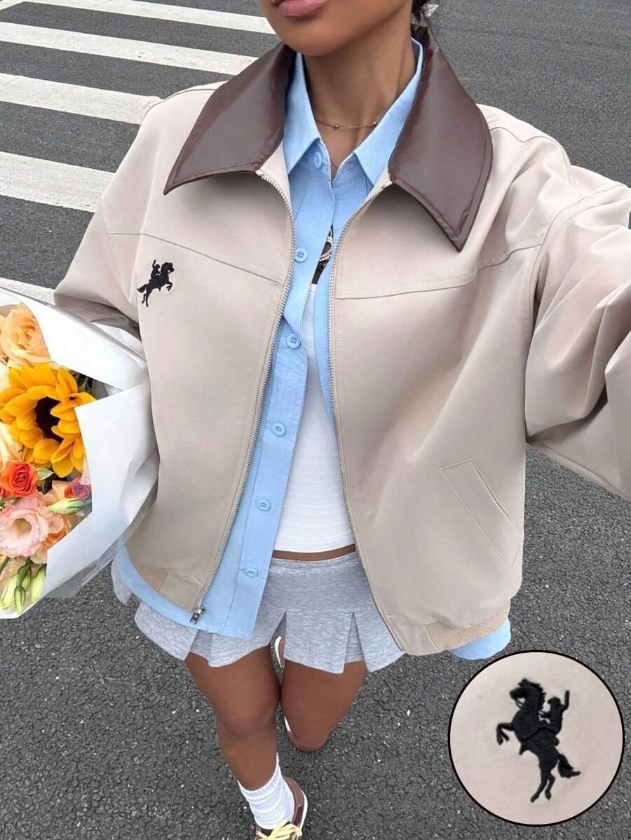 Muchica 女式秋季休闲撞色领夹克,适合冬季和秋季穿着 - 卡其色 - 查看 1