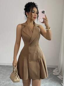 Elenzga فستان صيفي كاجوال للنساء بلون أحادي مزدوج الصدر مفرغ بدون أكمام قصير