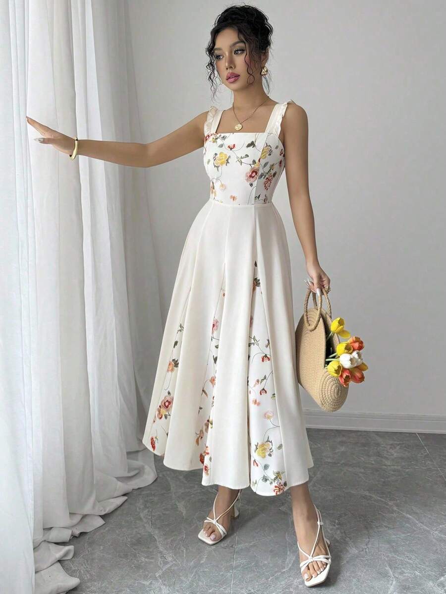 SHEIN PETITE 女士印花拼布腰部 A 字形连衣裙,优雅度假、日常通勤、无袖 - 彩色 - 查看 1
