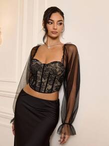 Zolique Contrast Mesh Flare Sleeve Crop Floral Lace Top Fall Cloth For Women - Black - View 5