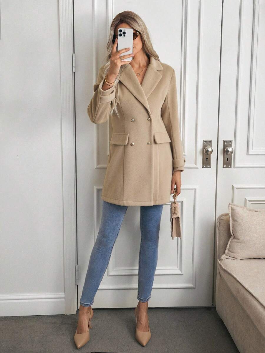 Louniche 女士翻领长袖纽扣式优雅别致精致大衣 - 杏色 - 查看 1