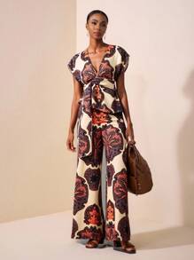 Zivah 2025 Summer Fashion Casual Elegant Vacation Daily Date Birthday Party Commuter Loose Feel European And American Retro Deep V Neck Sexy Sleeve Raglan Sleeve Waist Bow Top + Wide Leg Pants Ultra-Long Pa African Print Jumpsuit Boho Jumpsuit Resort Outfits For Women Resort Wear