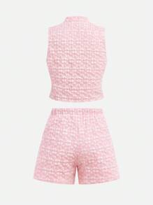 青少年女孩休闲提花针织中式领无袖上衣和褶皱短裤两件套西装 - 粉色 - 查看 5