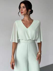Firerie Women's Elegant Casual Chiffon V-Neck Flare Sleeve High Waist Wide Leg Jumpsuit, Mint Green, Suitable For Summer, Daily Wear, Vacation - Mint Green - View 7