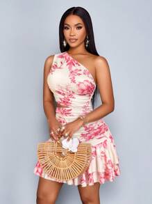 SOLERSUN Spring & Summer Women's Elegant Casual Vacation Dress, Yellow Flower Print On White Background, Sleeveless Asymmetric Shoulder Pleats, Waist Cutout, Ruffle Hem Mini Knit Dress Vacay Vibes - Pink - View 5