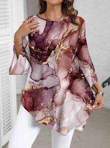 EMERY ROSE 休闲水墨大理石纹理图案圆领长袖大码衬衫，适合春秋季节 - 紫色 - 查看 1