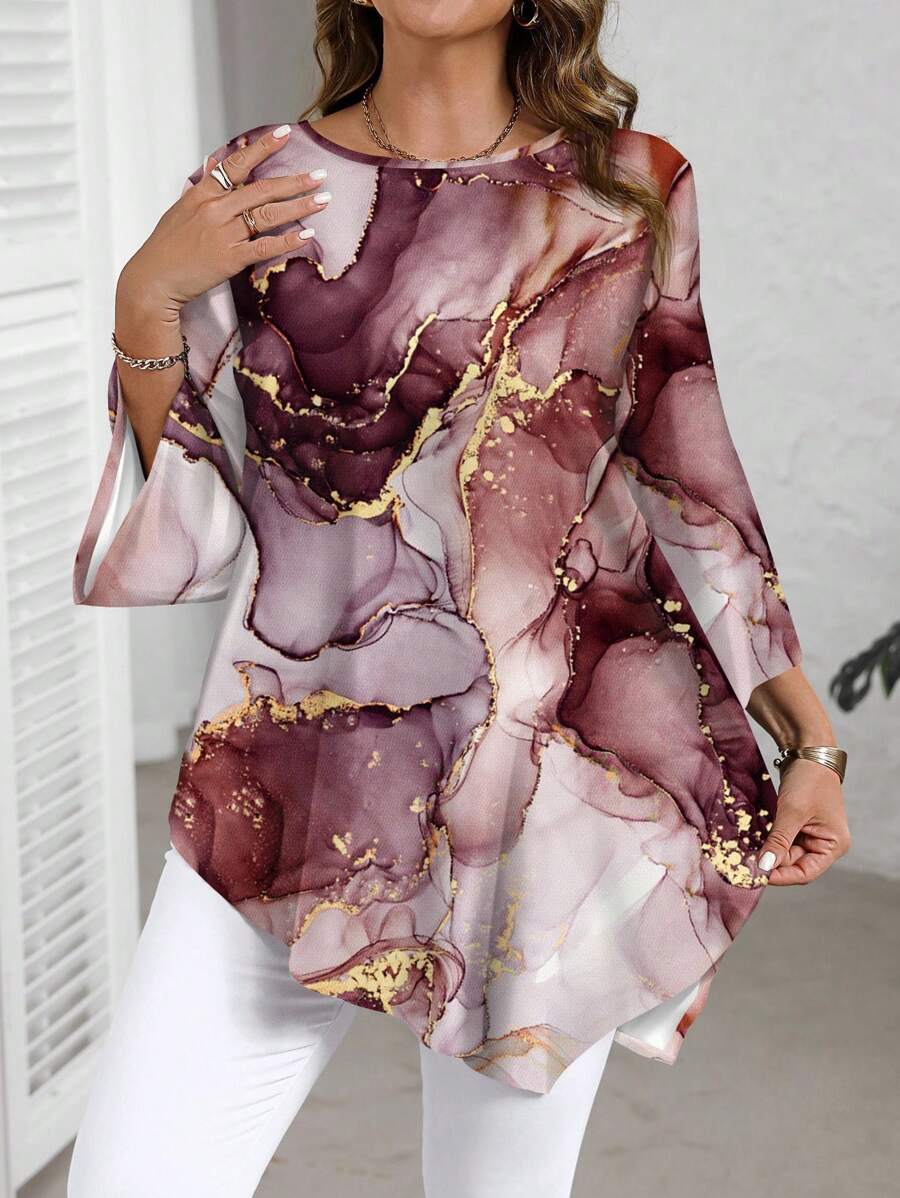 EMERY ROSE 休闲水墨大理石纹理图案圆领长袖大码衬衫，适合春秋季节 - 紫色 - 查看 1