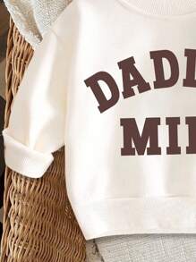 SHEIN 女婴休闲简约可爱“DADDY'S MINI”字母图案白色宽松羊毛圆领套头衫，女婴秋冬装 - 白色 - 查看 5