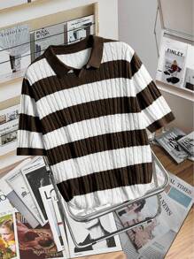 Claim Dot Men's Contrast Stripe Short Sleeve Polo Neck Knit Top