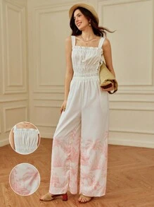 SHEIN Clasi Women's Fashionable & Elegant Castle Print Linen Fabric Jumpsuit With Side Seam Stitching And Hollow-Out Design