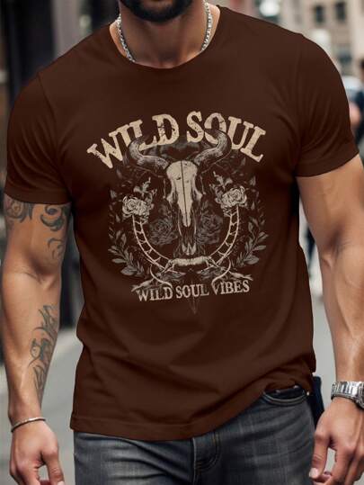 Manfinity LEGND Wild West Cowboy Bone & Bull Head Dreamcatcher Print Slim Fit Short Sleeve T-Shirt, Dark Brown