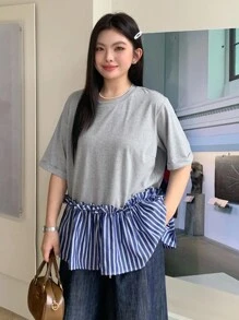 Dazy Plus Contrast Color Block Striped Round Neck Loose Short Sleeve Casual T-Shirt For Girls, Early Autumn - Grey - View 7