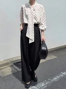 FRIFUL Women's Tie Neck Bow Polka Dot Loose Casual Versatile Blouse, Autumn Long Sleeve Top - Black and White - View 2