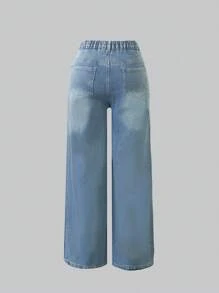SHEIN Girls' Y2K Style Loose Distressed Vintage Washed Wide Leg Jeans With Drawstring Waist, Casual & Fashionable For Daily Wear Fall Winter - Medium Wash - View 2