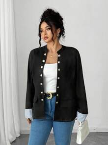 Elenzga Plus Size Retro Stand Collar Double-Breasted Long Sleeve Contrast Striped Cuff Women Jacket Fall Winter Cloth For Women Autumn - Black - View 4