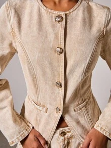 COSMINA Denim Women's Solid Color Front Button Fitted Long Sleeve Denim Blouse, Fall Women Clothes - Apricot - View 5