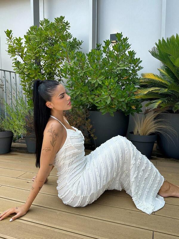 Lucia Bellido Vestido de verano de mujer con cuello de halter y anillo circular, bajo con volantes y estilo elegante, vestido largo de verano y primavera para uso diario casual, con espalda descubierta, plisado, ajustado de tirantes, de un solo color café o a rayas