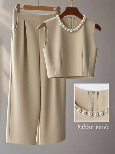 Franclia 法式高级时尚立体钉珠无袖上衣叠穿阔腿裤长裤夏季两件套女士夏装夏季两件套夏季