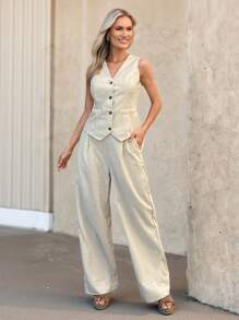 TrendSteals Beige Summer Elegant Work Women Retro Linen 2 Pieces Set,Autumn Casual V-Neck Vest & Wide Leg Pants,Business Office Wear Teacher Clothes Pant Suit - Apricot - View 1