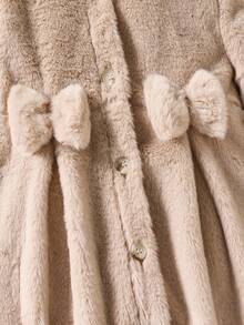 SHEIN 女童秋冬外套，时尚可爱百搭优雅蝴蝶结领蓬松连帽贝雷帽 - 卡其色 - 查看 4