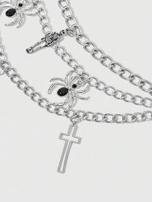 ROMWE Goth 1 件女士银十字架和水晶蜘蛛骷髅装饰双层链带，万圣节深色哥特式连衣裙配饰 - 銀色 - 查看 4