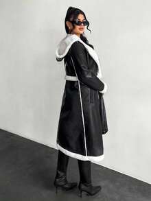 SHEIN SXY Women's Autumn/Winter New Arrival Faux Fur Collar Long Coat, Midi Length , Black And White Coat Faux Fur Coat Black And White Winter Coat,Winter Clothes For Women, Going Out Tops For Women - Black - View 2
