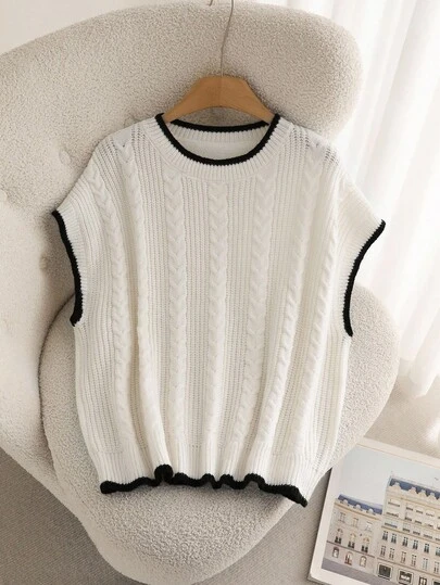 CosyJoli 女式大码圆领无袖撞色针织上衣黑白上衣针织上衣毛衣上衣针织上衣女式白色针织上衣秋冬白黑上衣
