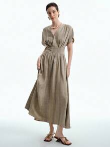 Aalyst Women's Spring/Summer Collared Short Sleeve Waist Cinched A-Line Simple All-Match Solid Color Maxi Dress - Khaki - View 1