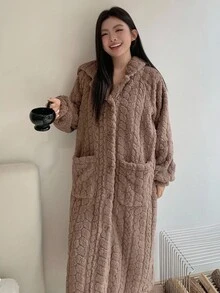 Dazy Plus Plus Size Women's Textured Flannel Hooded Fluffy Robe, Thick Warm Sleepwear For Winter,Thermal Lined, Fall, Cozy