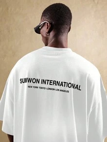 SUMWON 国际街头风格超大 T 恤宽松剪裁肘长袖都市时尚标志印花夏季休闲 T 恤 - 白色 - 查看 3
