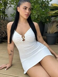 Lucia Bellido Sexy V-Ausschnitt Minikleid mit Metallseestern Dekor, Rückenausschnitt, Textur, ideal für Urlaub, Dates, Nachmittagstee, Feiertage, Musikfestivals, Boho-Stil - Weiss - Übersicht 6