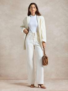 Briarwyn Pantalon droit décontracté pour femmes, couleur unie, avec œillets à la taille, liens et poches. Convient pour l'automne, la rentrée scolaire, le style "Old Money" et les voyages en avion - Blanc - Voir 7