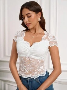 SHEIN Clasi Elegant Solid Color Sweetheart Neck Lace Blouse, Suitable For Oktoberfest - White - View 4