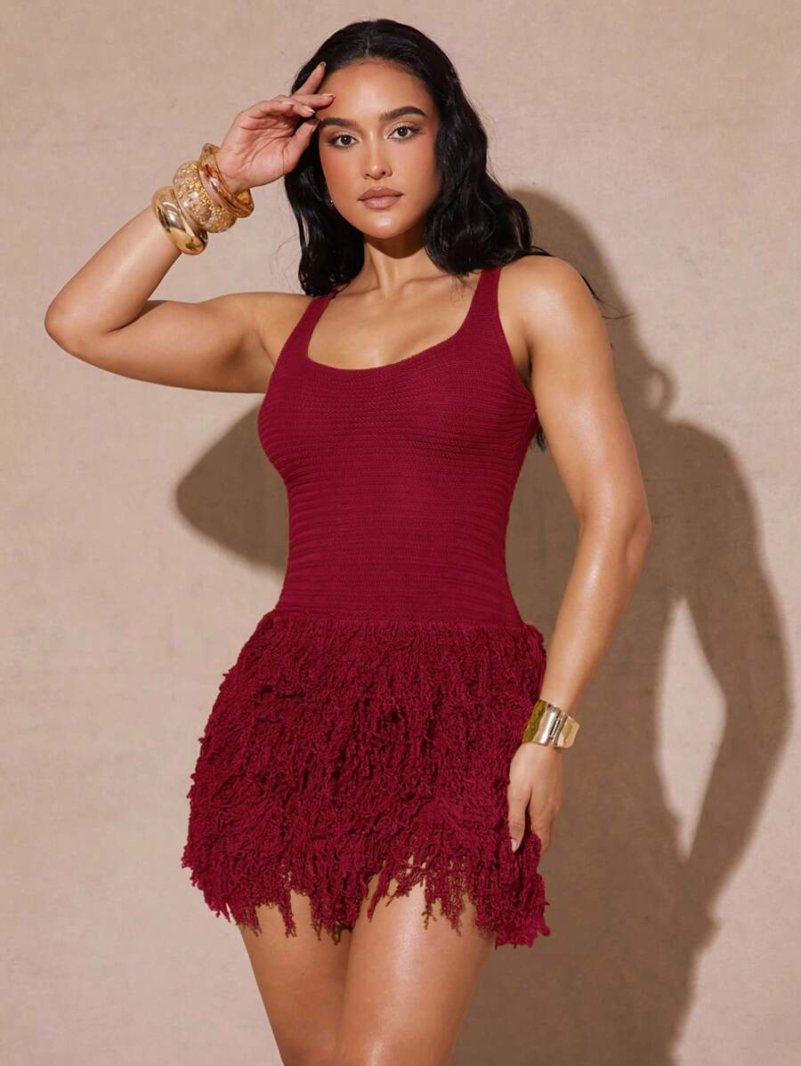 Silquee 女式流苏下摆无袖修身针织连衣裙 - 酒紅色 - 查看 1