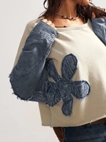 Bohemela BOHO Countryside Vacation Casual Knit Patchwork Floral Pattern Denim Loose Crew Neck Long Sleeve Sweatshirt For Women In Fall/Winter