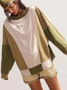 Bohemela Casual Knit Patchwork Round Neck Long Sleeve Loose Washed Women Sweatshirt Oversized Sweatshirt Oversized Sweatshirts For Women In Fall/Winter - Multicolor - View 3