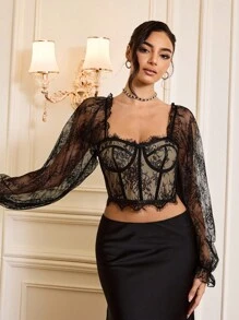 Zolique 雞心領口燈籠袖蕾絲上衣 - 黑色 - 查看 1