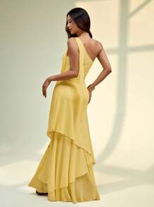 SHEIN PETITE Váy oversize thắt nơ trễ vai, váy lá sen vàng ba lớp, kỳ nghỉ lãng mạn, phù hợp cho mùa hè - Màu vàng - Xem 2